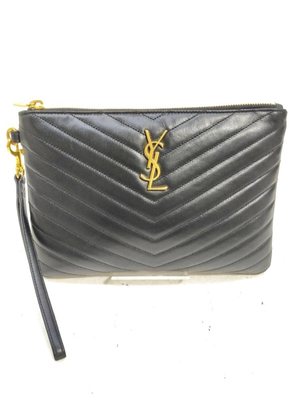 Authentic Saint Laurent YSL Monogram Chevron Quilted Leather Wristlet Clutch